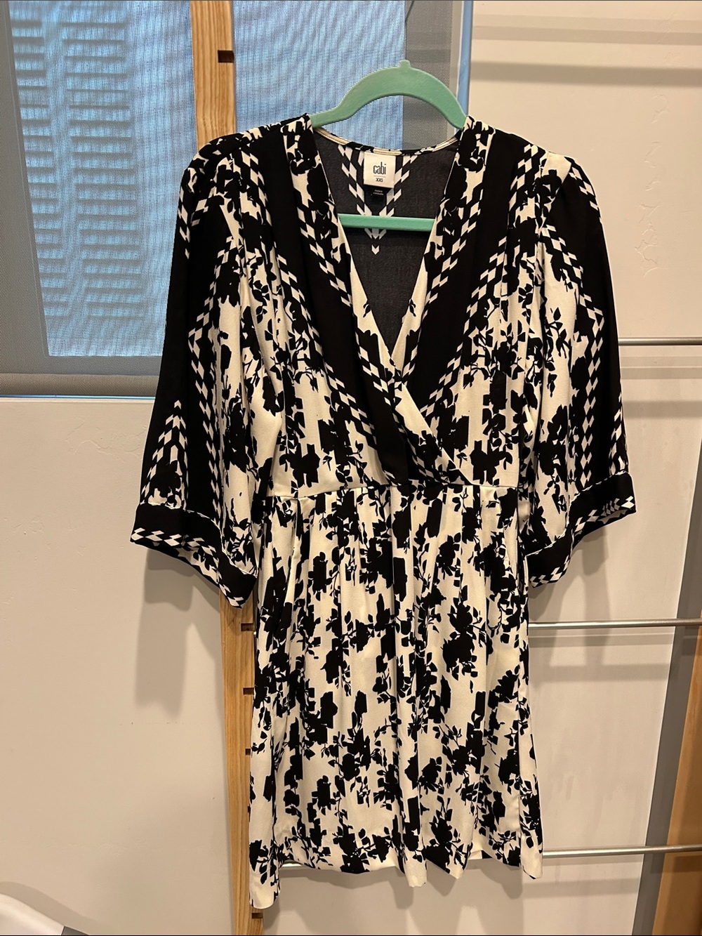 CAbi Black & White Floral-Abstract Wrap Midi Dress